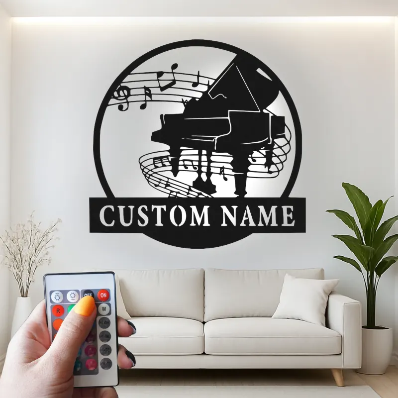 Panneau piano personnalisé avec LED | Décoration murale en métal sur mesure pour salle de musique | Silhouette de piano à queue | Cadeau pour pianiste