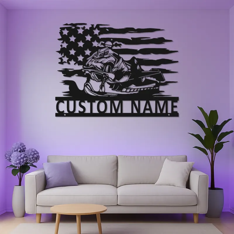 Personalized Snowmobile LED Sign | American Flag Metal Wall Art | Custom Name Gift for Rider | Garage & Man Cave Decor