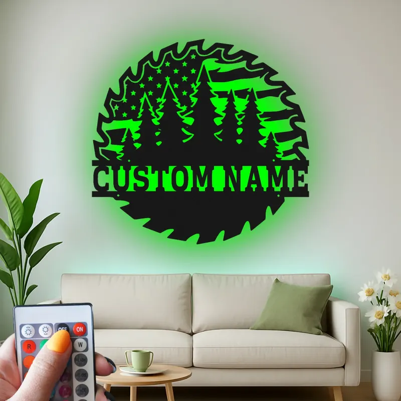 Personalized Saw Blade Metal Sign | Forest & Flag LED Wall Art | Custom Name Cabin Decor | Outdoorsman Gift for Him