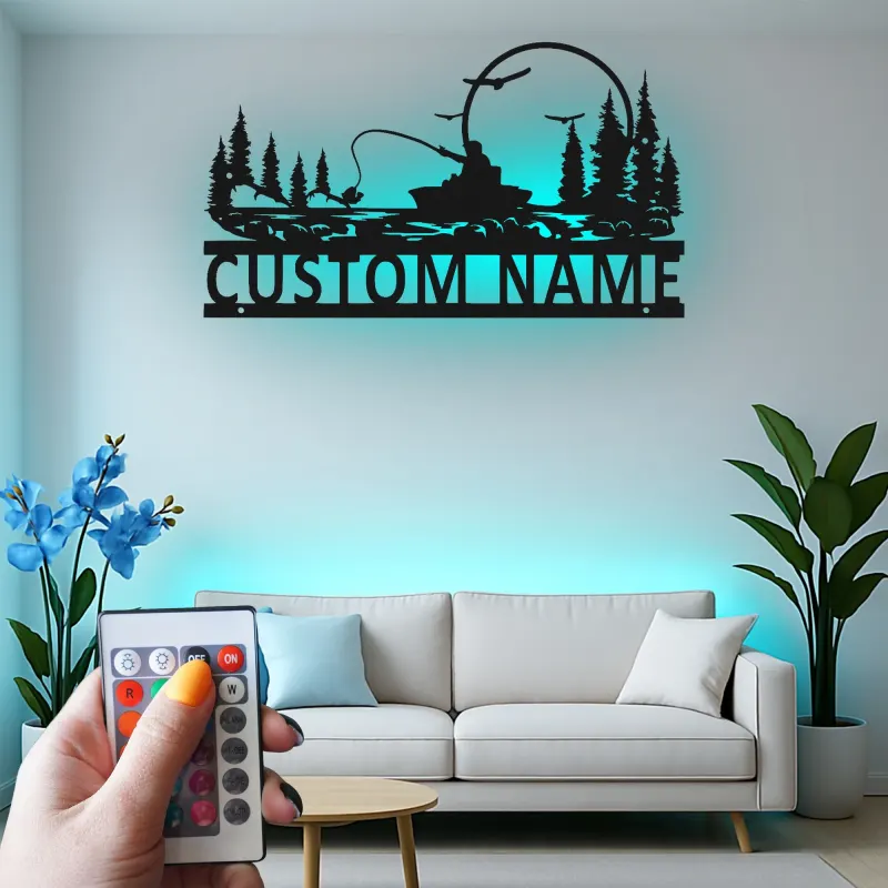 Cartel de pesca personalizado con luz LED | Arte mural de metal personalizado para casa de campo | Regalo para pescador y angler