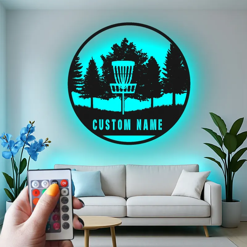Décoration murale en métal personnalisée avec rétroéclairage LED pour panier de disc golf - Cadeau personnalisé pour passionnés de disc golf