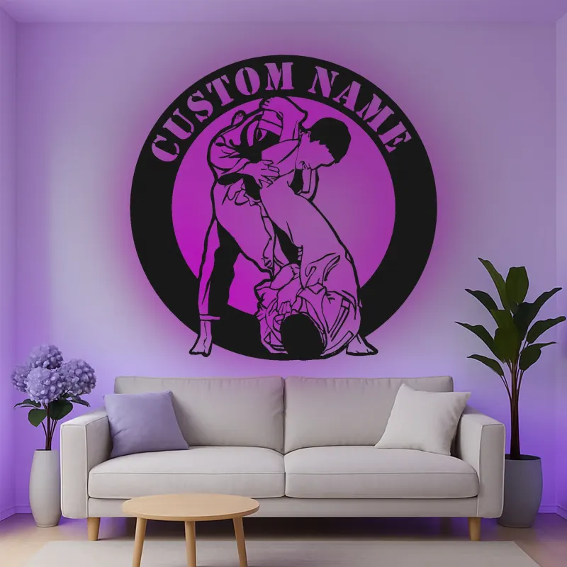 Décoration murale en métal personnalisée avec éclairage LED Jiu Jitsu Grapplers - Cadeau pour passionnés d'arts martiaux - Décor pour gym ou dojo