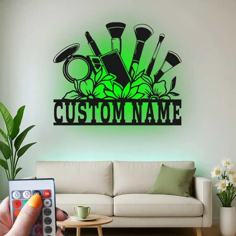 Panneau pour maquilleur personnalisé | Décoration murale en métal LED pour salon de beauté | Décor de vanité avec nom personnalisé | Panneau de logo d'entreprise MUA
