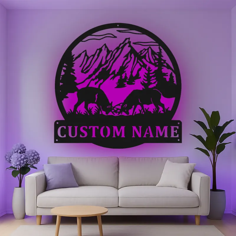 Cartel de metal LED de alce de montaña personalizado, regalo para amante de la naturaleza, decoración de cabaña rústica