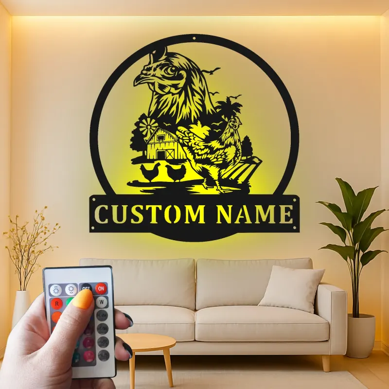 Custom Farmhouse Chicken Led Light Metal Wall Art Personalized Gift for Farmers Rustic Kitchen or Barn Decor