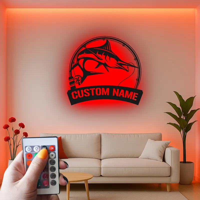 Enseigne en métal Marlin Fish personnalisée | Décor de pêche LED sur mesure | Cadeau pour pêcheur pour man cave | Art mural de maison au bord du lac