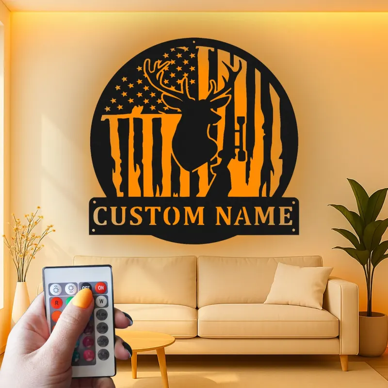 Custom Deer American Flag Led Light Metal Wall Art Hunting Gift for Him Rustic Cabin Decor