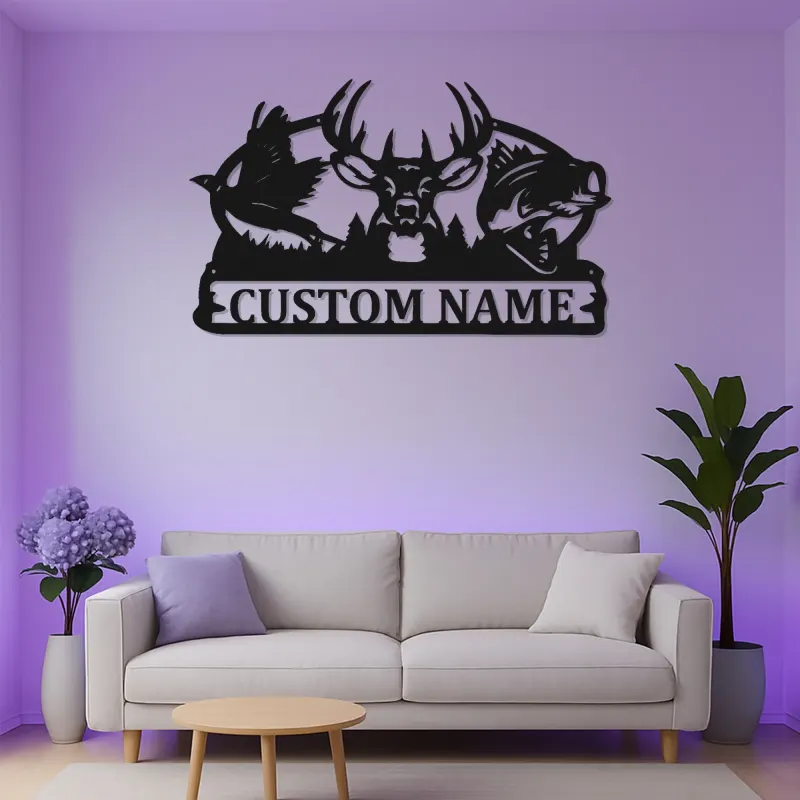 Cartel LED de escena de caza personalizado | Silueta de ciervo, pez y faisán de metal | Decoración personalizada para cabañas de vida silvestre | Regalo premium para cazadores
