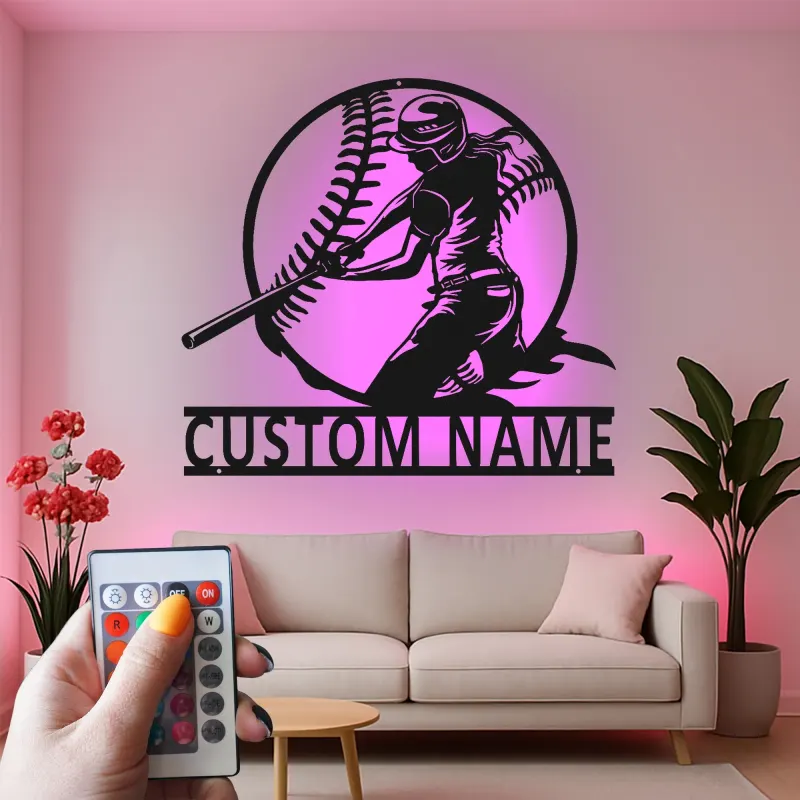 Cartel de metal personalizado de jugadora de softball | Arte mural LED para habitación de chicas | Decoración deportiva con nombre personalizado | Regalo para atleta femenina