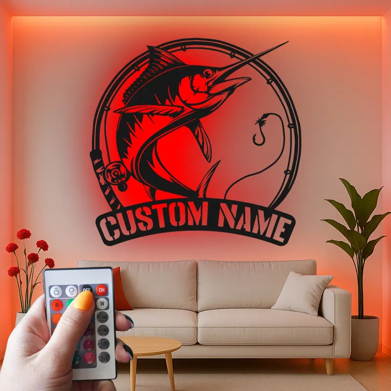 Décoration murale en métal Marlin Fish avec LED | Cadeau personnalisé pour pêcheur | Décor nautique pour man cave | Enseigne de pêche sportive