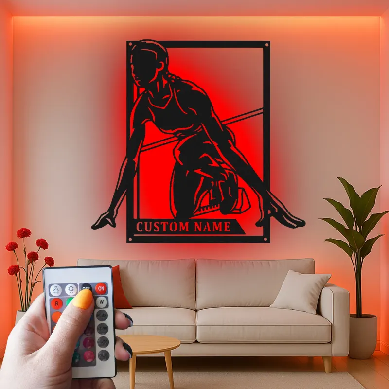 Décoration murale en métal personnalisée pour sprinteuse | Plaque coureuse personnalisée avec lumière LED | Cadeau pour athlète, coach d’athlétisme