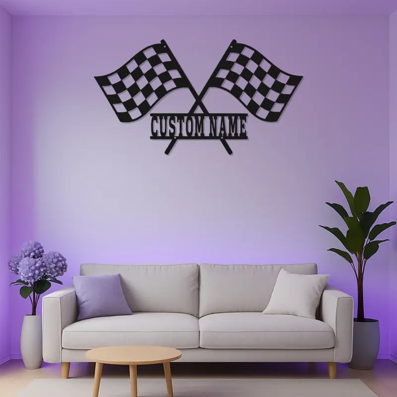 Panneau en métal LED de drapeaux de course personnalisé | Décor de garage personnalisé | Art mural à damier de sport automobile | Cadeau pour coureur