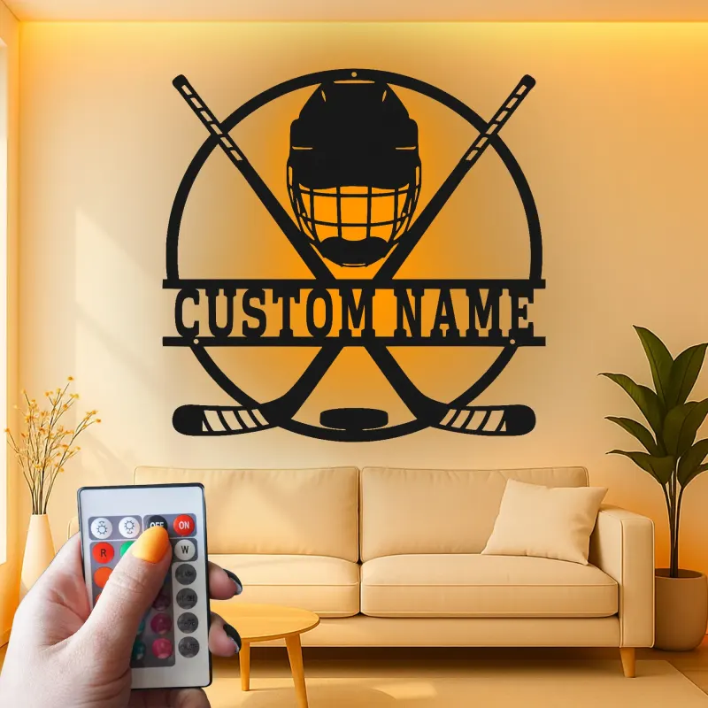Cartel LED personalizado de jugador de hockey | Decoración mural de metal personalizada | Regalo deportivo para habitación infantil y cueva masculina