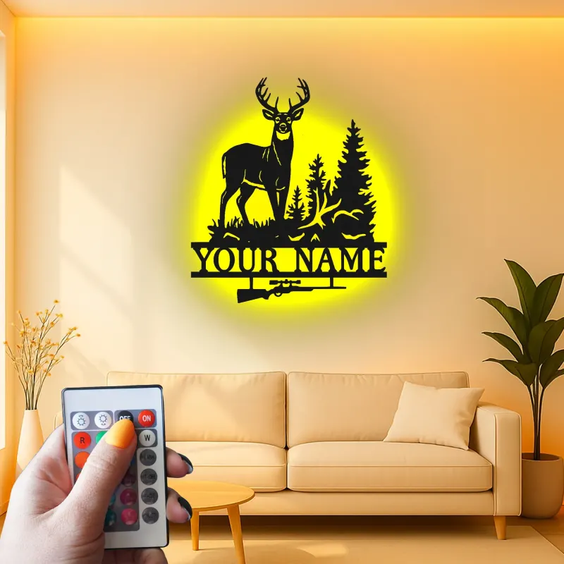 Insegna in metallo personalizzata per cacciatori di cervi con luce LED regalo personalizzato per cacciatori decorazione rustica per cabine 3