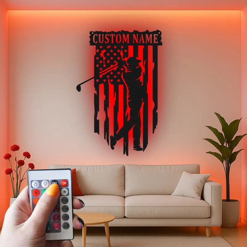 Enseigne en métal personnalisée pour golfeur | Décoration murale drapeau américain | Décor LED de golf pour man cave | Cadeau patriotique pour lui