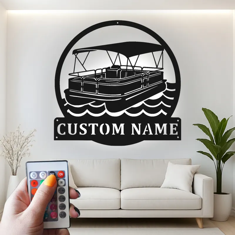 Cartel Personalizado de Barco Pontón | Arte Mural de Metal LED | Decoración Náutica Personalizada para Casa de Lago | Regalo para Propietario de Barco