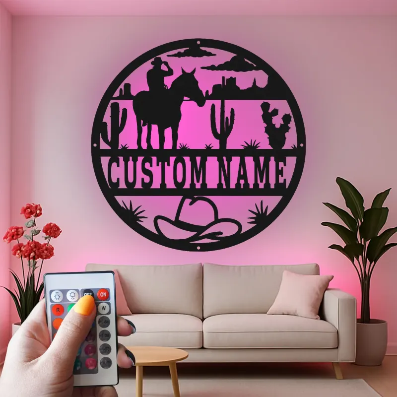 Cartel de metal LED personalizado de vaquero y caballo, regalo western para él, decoración rústica para rancho 3