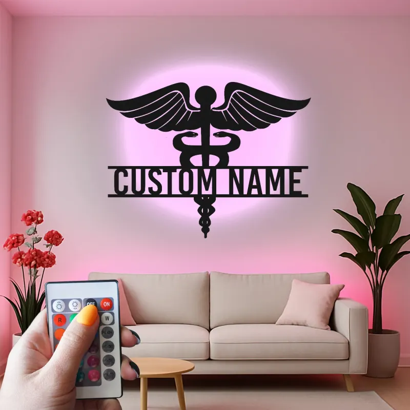 Art mural en métal Caduceus personnalisé | Panneau médical rétroéclairé LED | Décor de bureau de médecin personnalisé | Cadeau pour professionnels de la santé