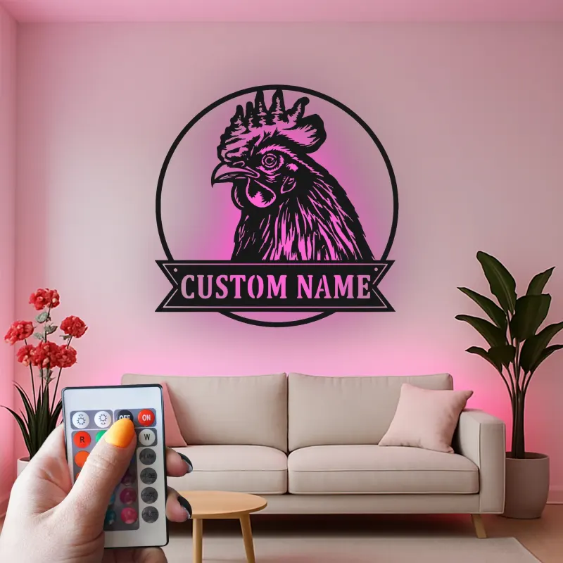 Cartel LED de cabeza de gallo | Arte mural de metal personalizado | Decoración de granja personalizada para agricultores y granjas