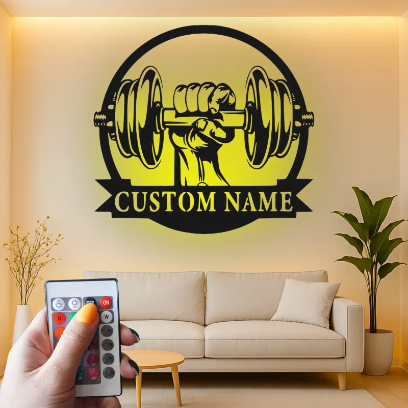 Cartel de metal LED de mancuerna personalizado para entusiastas del gimnasio