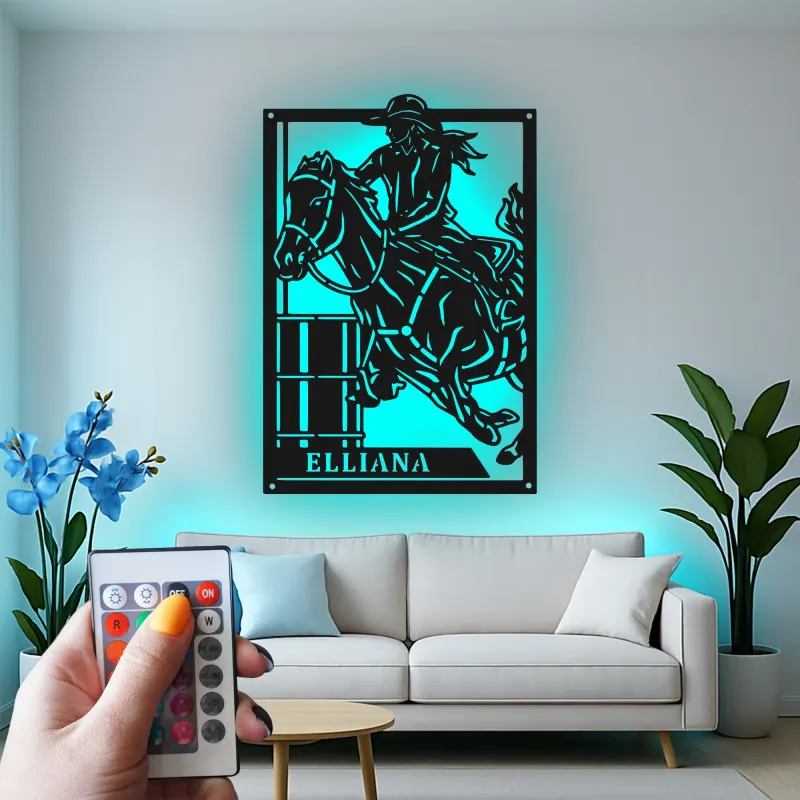 Cartel de metal LED personalizado de jinete de barriles, regalo ecuestre para amantes de los caballos, decoración western para el hogar