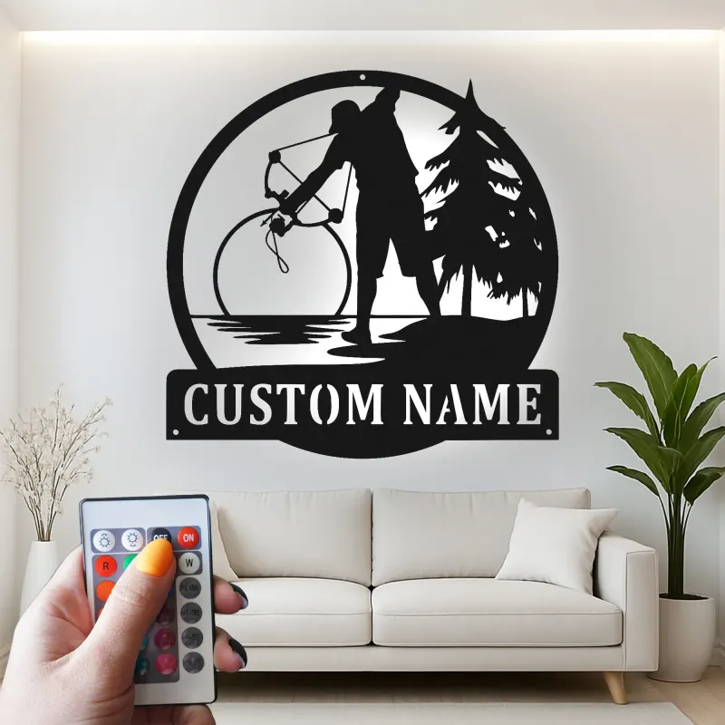 Custom Bow Hunter Led Light Metal Wall Art Personalized Gift for Archery Enthusiasts Rustic Cabin Decor