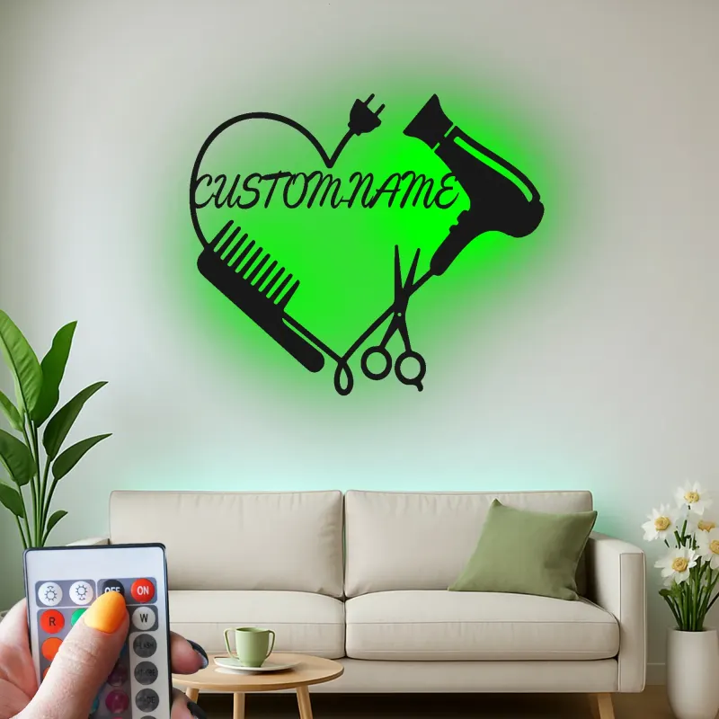 Enseigne LED personnalisée pour coiffeur | Décoration murale en métal personnalisée pour salon | Plaque nominative pour studio beauté | Cadeau pour coiffeur
