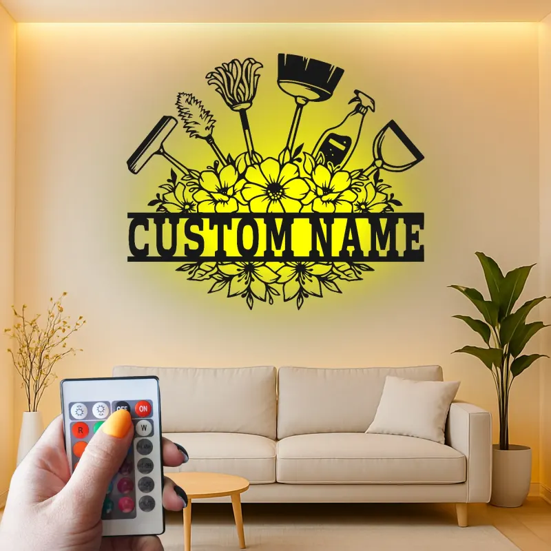 Custom Cleaning Tools Led Light Metal Wall Art Personalized Housewarming Gift Laundry Room Decor