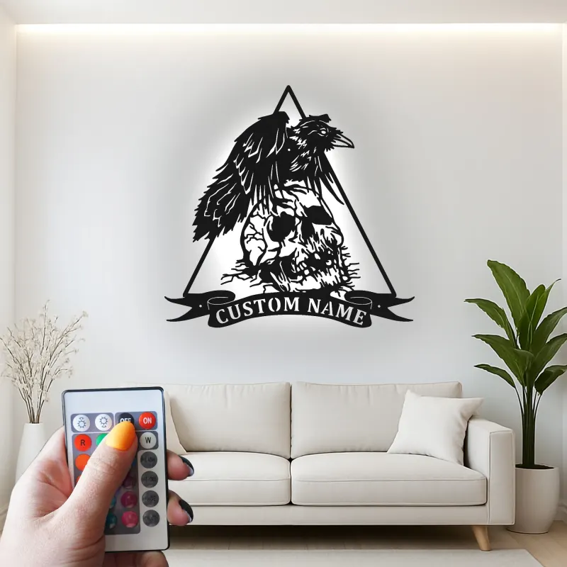 Insegna LED in metallo gotica con corvo e teschio | Arte murale horror personalizzata | Decorazione spettrale su misura per man cave, studio | Targhetta dark art