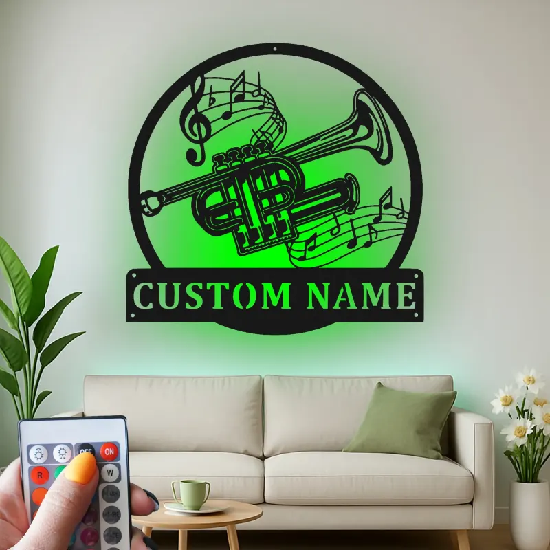 Cartel de metal LED personalizado de trompeta, regalo para músicos, decoración de sala de música