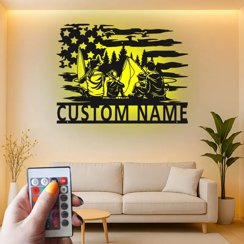 Custom Family Fishing LED Sign | American Flag Metal Wall Art | Personalized Cabin Decor | Outdoor Lover Gift
