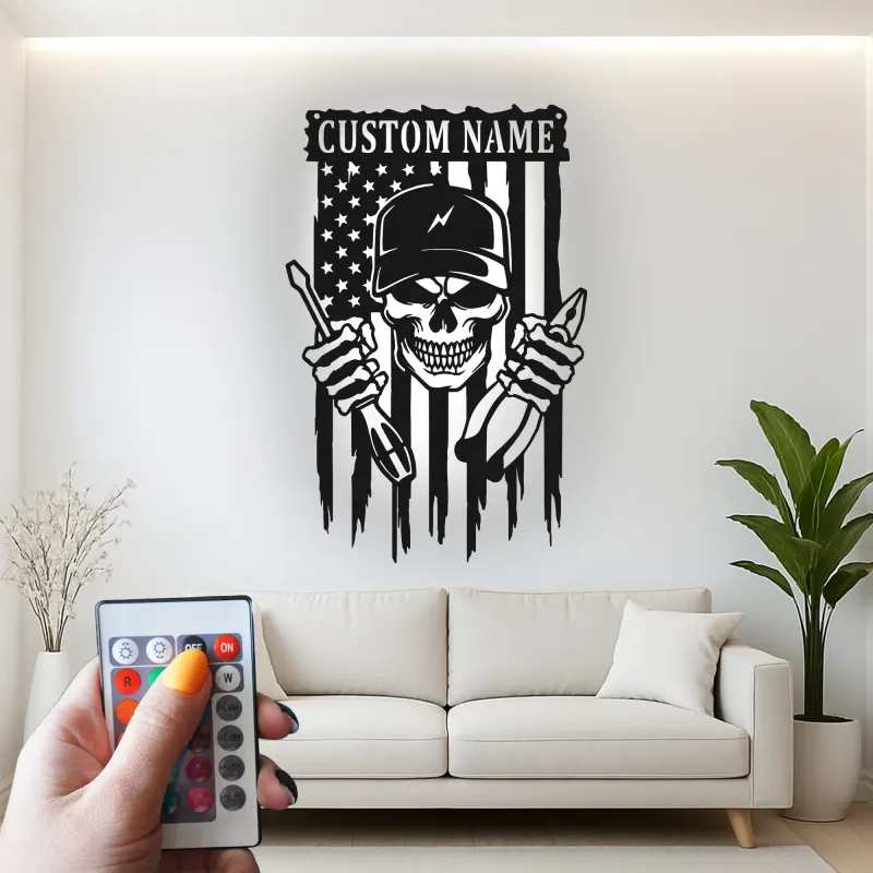 Panneau en métal crâne de mécanicien personnalisé | Décoration murale rétroéclairée pour garage | Cadeau patriotique pour réparateur avec drapeau américain