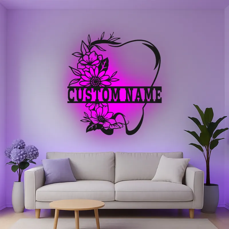 Custom Floral Tooth Led Light Metal Wall Art Personalized Dental Office Decor Unique Dentist Gift