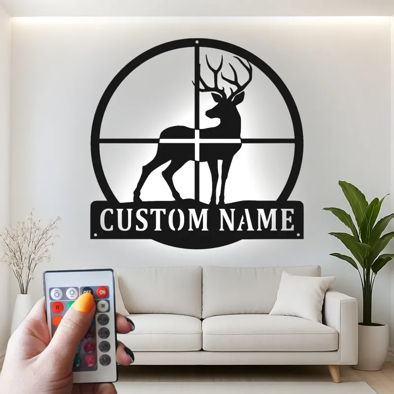 Décoration murale en métal personnalisée pour le cerf avec rétroéclairage LED, cadeau personnalisé pour les chasseurs, décoration de cabane rustique pour les amoureux de la nature