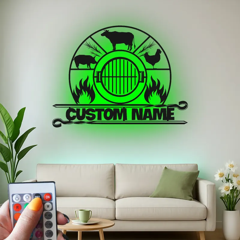 Cartel BBQ de Granja Personalizado | Decoración Mural de Metal LED para Rancheros | Regalo de Decoración para Parrilla Personalizado | Placa de Cocina de Establo