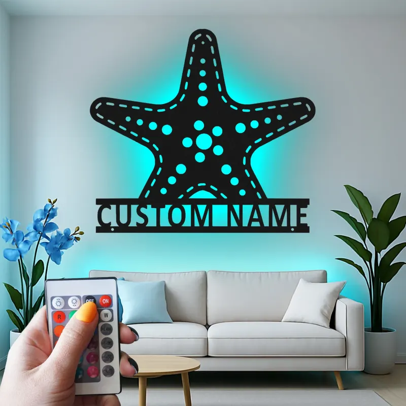 Letrero LED personalizado con estrella de mar | Arte mural de vida marina en metal | Regalo de decoración costera para casa de playa