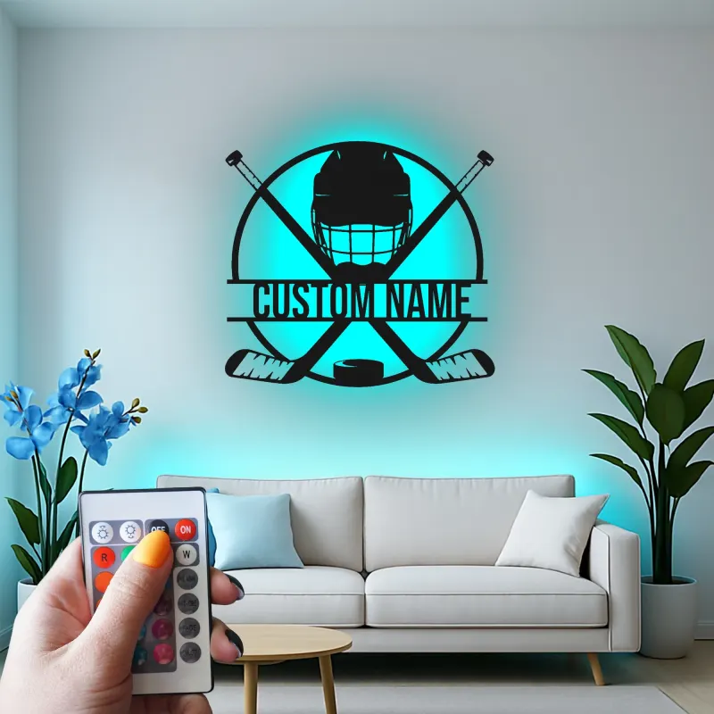 Cartel de metal personalizado de hockey | Luz LED con nombre para habitación infantil | Regalo para jugador de hockey | Decoración mural para cueva masculina
