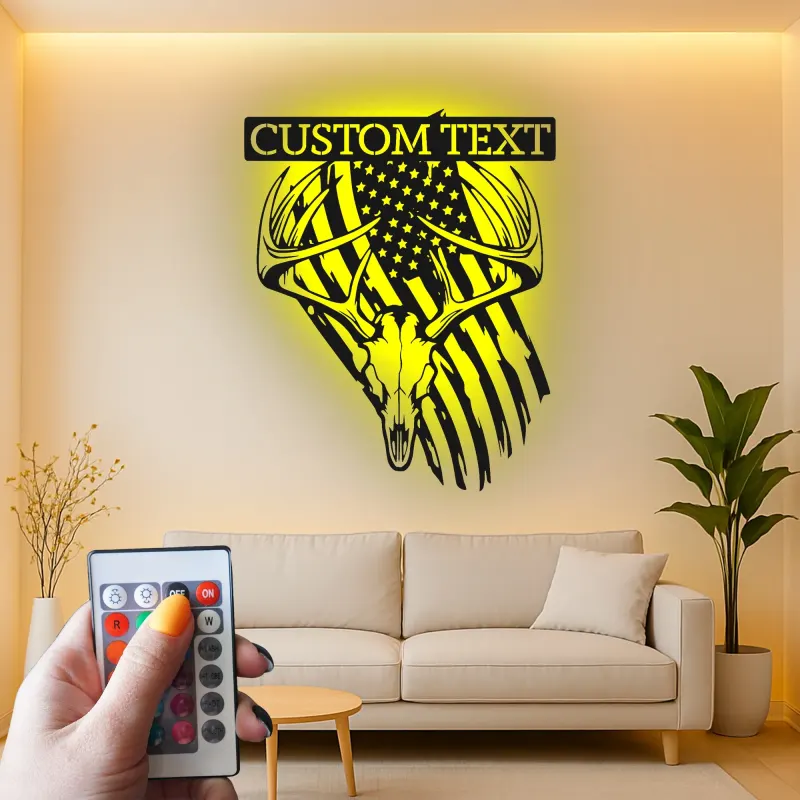 Custom Deer Skull with American Flag Led Light Metal Wall Art Personalized Gift for Hunter Rustic Man Cave Decor
