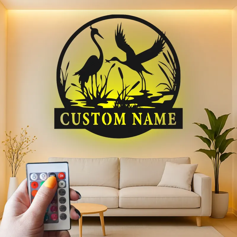 Décoration murale en métal personnalisée avec silhouette de grue et rétroéclairage LED - Cadeau pour les amoureux de la nature, décoration pour chambre ou salon