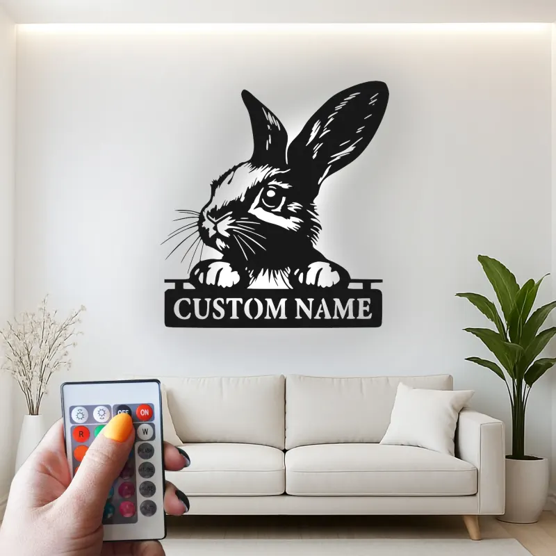Custom Rabbit Metal Sign | Personalized Bunny LED Light for Nursery | Animal Lover Name Plaque | Kids Room Wall Art