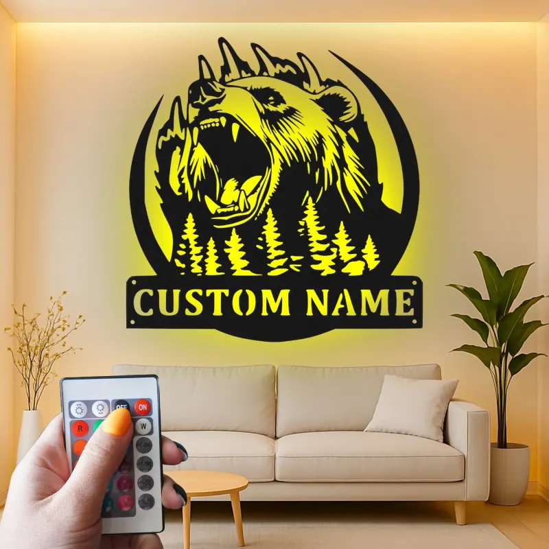 Personalisiertes LED-Licht Metallschild mit Grizzlybär – Geschenk für Naturfreunde, Dekoration für Hütte oder Lodge