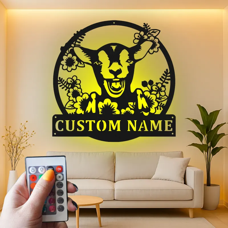 Insegna LED personalizzata con capra | Insegna in metallo personalizzata | Decorazione rustica farmhouse per amanti delle capre e camerette