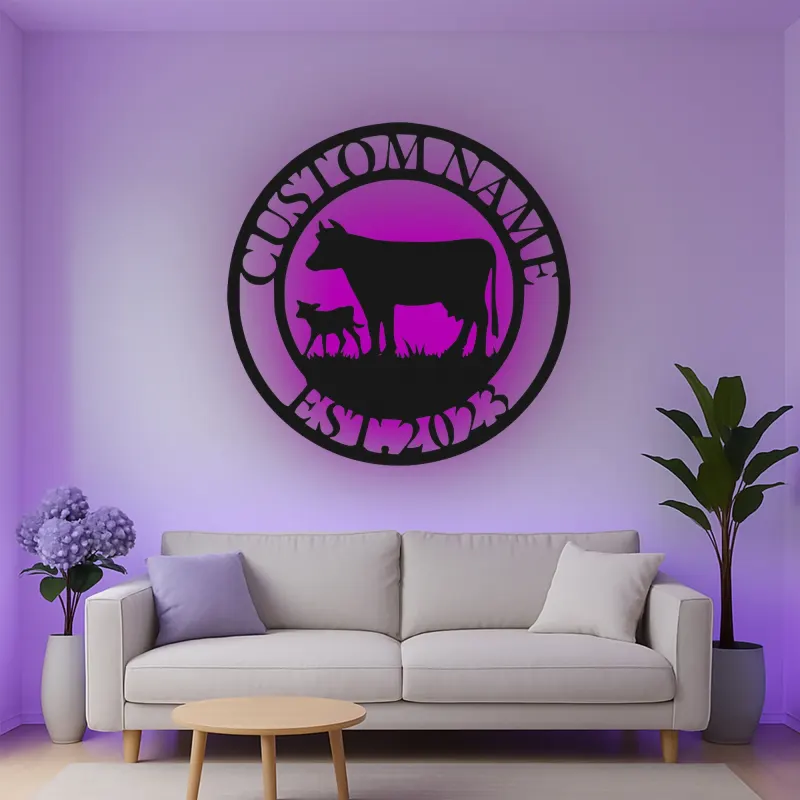 Custom Farm Cow and Calf Led Light Metal Wall Art Personalized Ranch Gift Rustic Farmhouse Decor