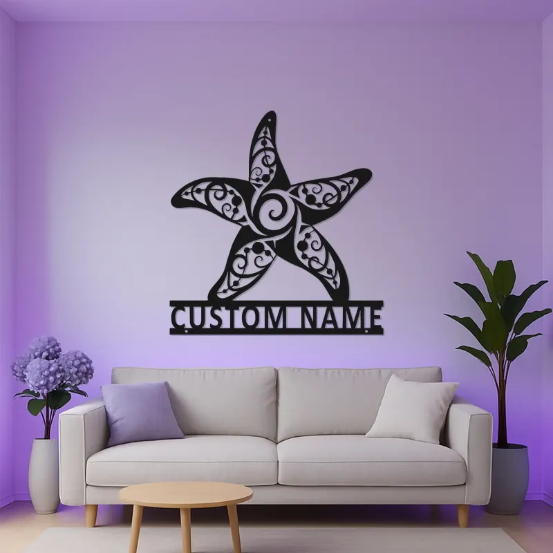 Art mural en métal étoile de mer avec rétroéclairage LED | Panneau de nom personnalisé pour décor côtier | Cadeau de maison de plage nautique sur mesure et signalétique d'entreprise