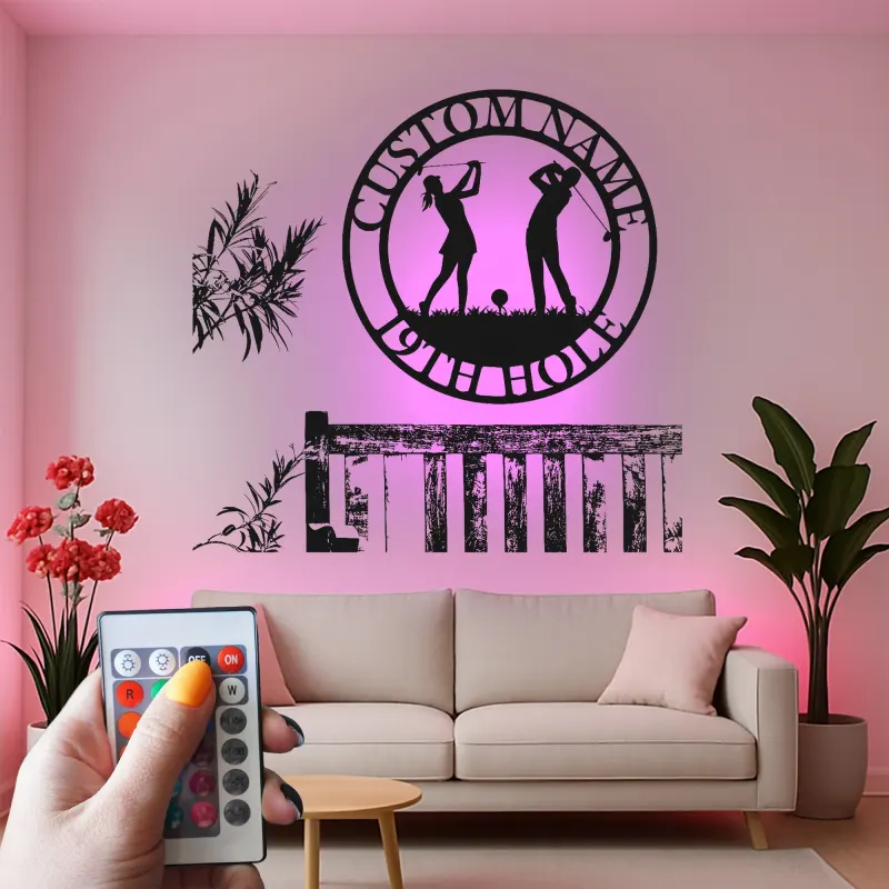 Enseigne LED de golf personnalisée | Décoration murale en métal sur mesure pour bar maison | Déco 19e trou avec prénom | Cadeau pour couple golfeur