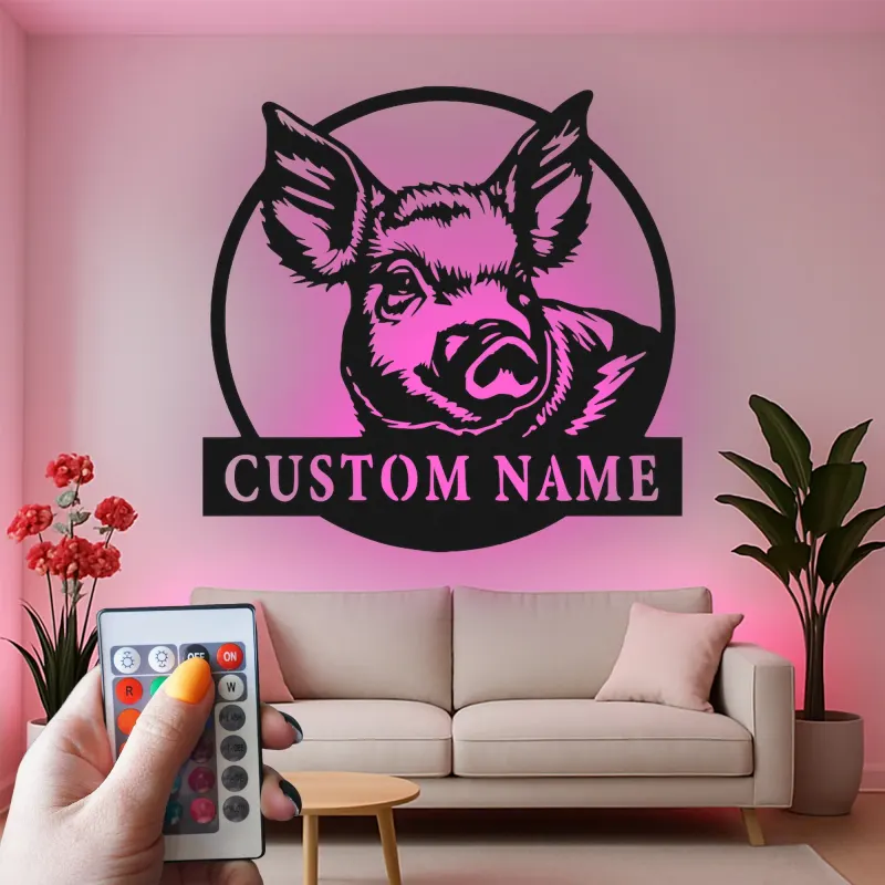 Cartel LED de retrato de cerdo personalizado | Decoración de granja personalizada | Arte mural de metal rústico para granero o hogar de campo moderno
