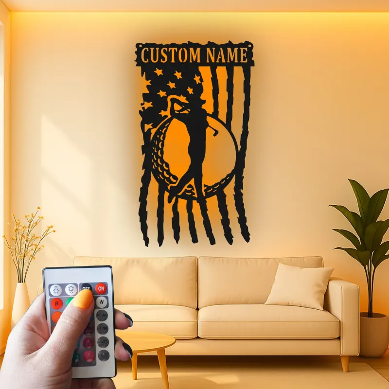 Insegna da golf su misura con LED | Arte murale in metallo con nome del golfista | Decorazione man cave con bandiera americana
