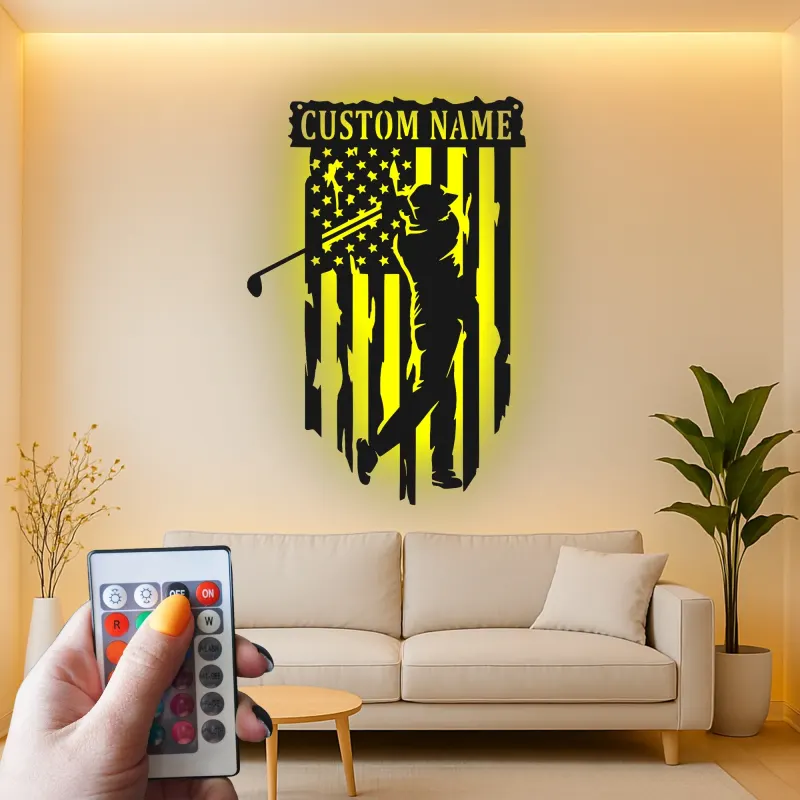 Enseigne en métal personnalisée pour golfeur | Décoration murale drapeau américain | Décor LED de golf pour man cave | Cadeau patriotique pour lui