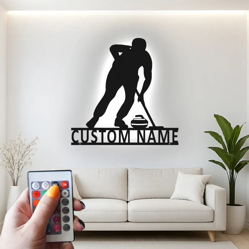 Insegna in metallo personalizzata con luce LED a tema giocatore di curling regalo sportivo per curlers decorazione per sala giochi