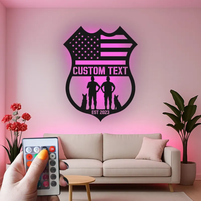 Police Officer & K9 Unit LED Sign | Personalized Law Enforcement Metal Art | Custom American Flag Shield | Police Officer Gift